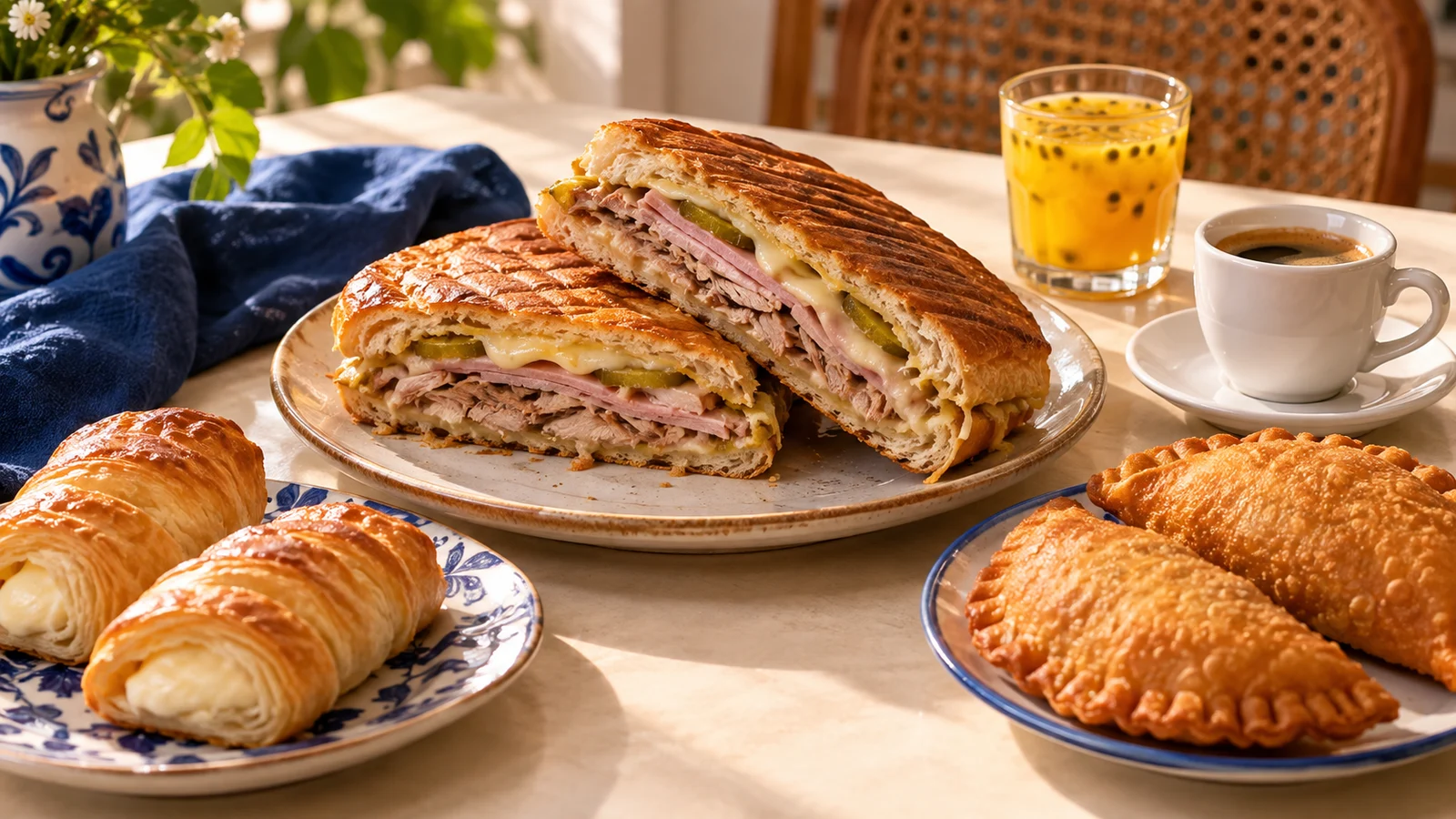 Illustrative breakfast table with coffee, passion fruit juice, sandwiches, and pastries