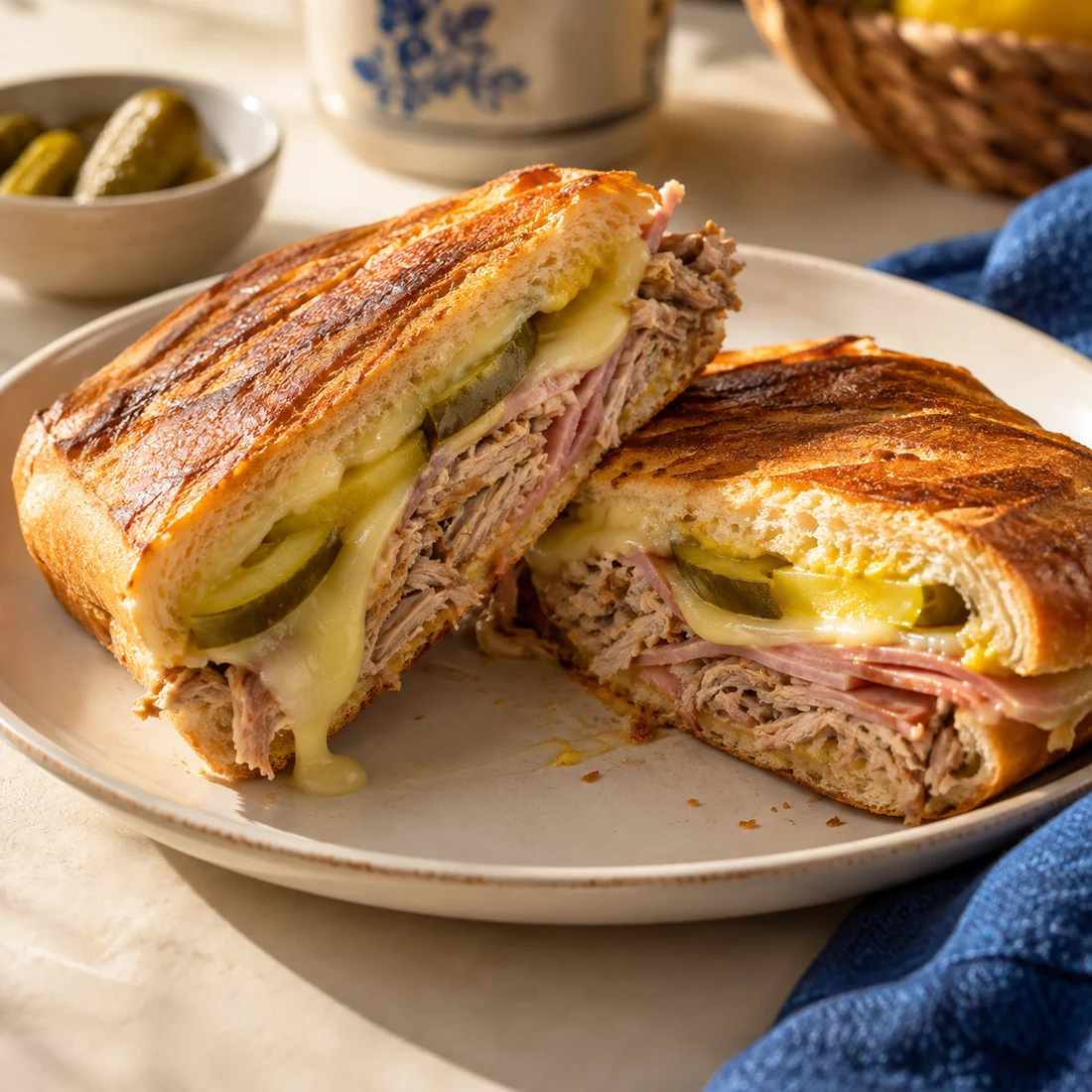 Illustrative close-up of a golden pressed Cuban sandwich cut into two halves